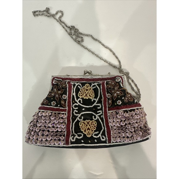 Vintage Small Ladies Black And Multicolor Beaded Coin Crossbody - Picture 3 of 9